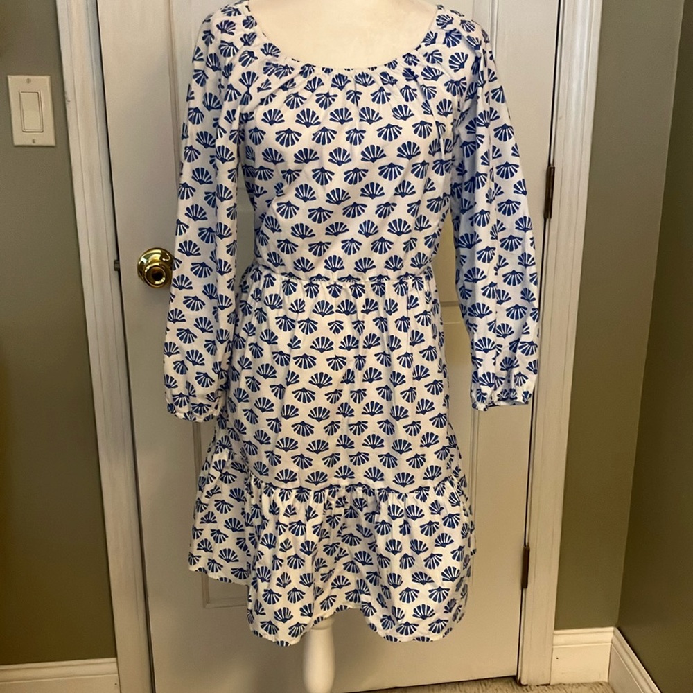 J Crew blue & white ginkgo pattern dress 10 EUC cottagecore